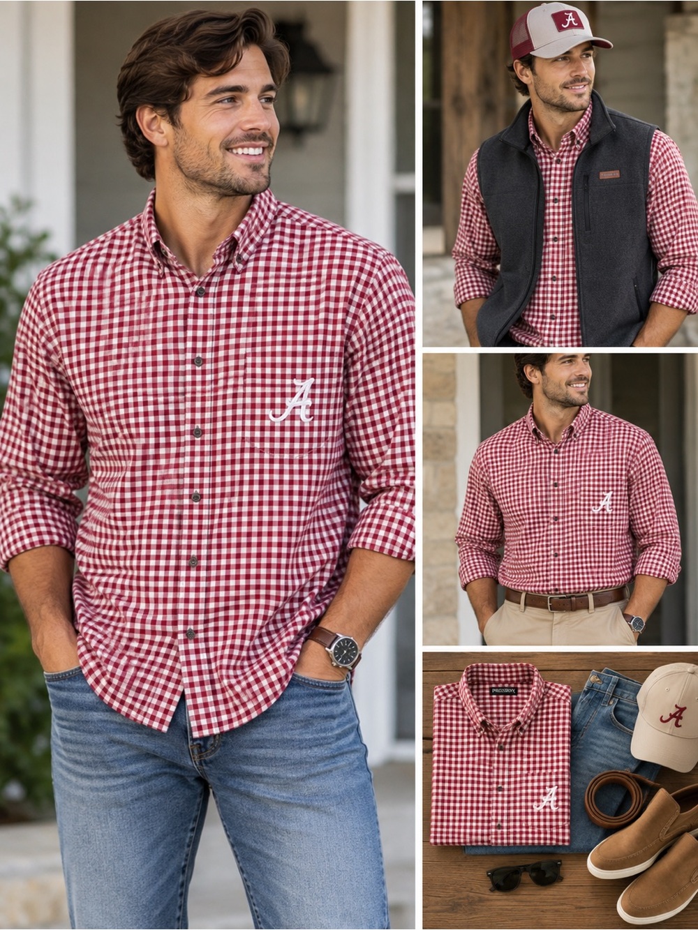 Pressbox Men's Red & White Gingham Button-Down Shirt with Script A Logo